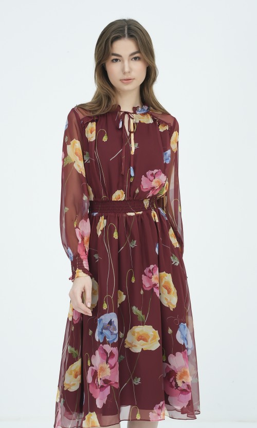 SIXDO G-Wine Floral Voile Flared Dress for Women